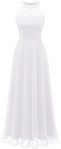Wedtrend aftonklänning dam lång halterneck klänning dam cocktailklänning elegant för bröllop examensklänning chiffong spetsklänning, Vit, 3XL