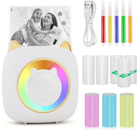 GuKKK Mini Drucker, Mobiler Fotodrucker, Tragbarer Mini Fotodrucker mit 7 Farben LED, Wireless Fotodrucker Thermodrucker, Smartphone Bluetooth Drucker, für Lernhilfe,Lernnotizen,Journal