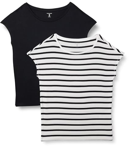 Amazon Essentials Women's Jersey Regular-Fit Short-Sleeve Boat-Neck T-Shirt, Pack of 2, Black/White French Stripe, Large