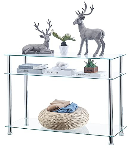 paonne Glass Entryway Table with 3 Storage Shelves, Glass Console Table for Living Room, 3 Tier Narrow Sofa Table for Living Room (Clear Top with Silver Legs-Large)