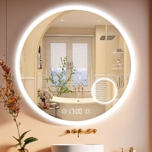 Habison badrumsspegel med belysning 70 x 70 cm LED badrumsspegel väggspegel sminkspegel med tid och touch-brytare, dimbar, varmvit/kall vit/neutral, dimfri, IP44