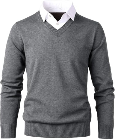 Herothorn Pull en tricot pour homme avec col montant, doux au toucher, col en V, haut en tricot avec carreaux et col blanc
