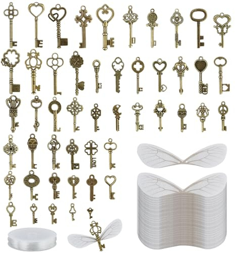 101 pièces Ensemble de Pendentifs à Clé Antiques Vintage Décoratifs (50 x Clés Volantes Charmes, 50 x Ailes de Libellule, 1 x 30 Mètres de Fil Perlé) pour DIY Colliers Clés Artisanales