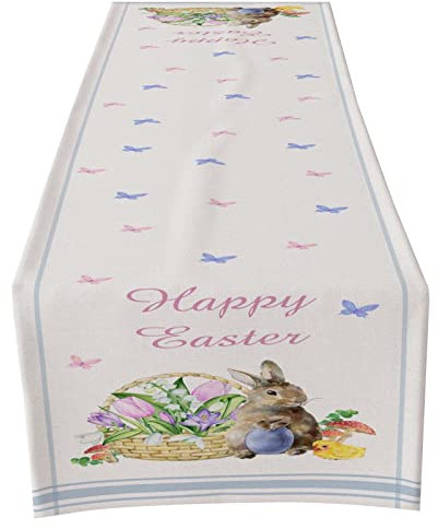 Tischläufer Ostern, Ostern Tischdeko, Kaninchen Rübe tischläufer für Ostern, Tischdecke Tischläufer Ostern Frühling Osterhase, Waschbar Girlandenhase Saisonnal Tischläufer für Drinnen (E, 33x183 cm)