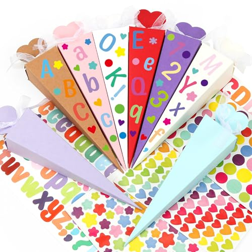 O-Kinee Kleine Schultüten 32stk,Schultüte Geschwistertüten 20cm,Zuckertüte zum Befüllen mit Aufklebern Band für die Einschulung zum Schulanfang & Geschenkverpackung