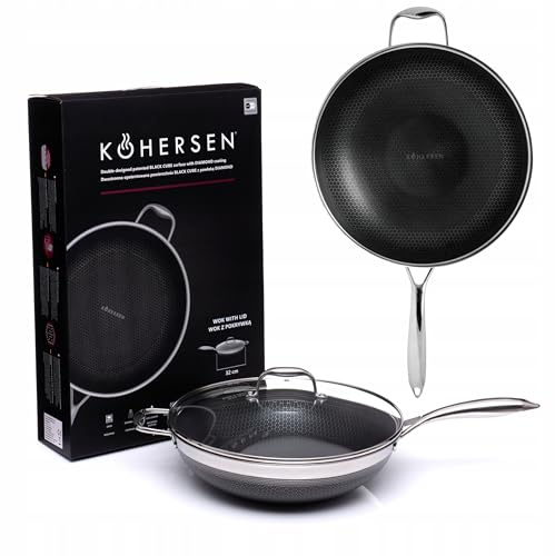 Kohersen Wok Pan with Lid, Oven-Safe, Dishwasher Safe, with Black Cube Non-Stick Coating, for Induction, Gas Hob, Electric Hob, Made of Stainless Steel and Aluminium, 5.1 L, Diameter 32 cm