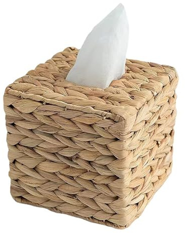 Makamsui Soporte cuadrado para caja de pañuelos, jacinto de agua, tejido a mano, cubierta de cubo, dispensador de servilletas de mimbre, organizador de pañuelos faciales, decoración rústica para mesa,
