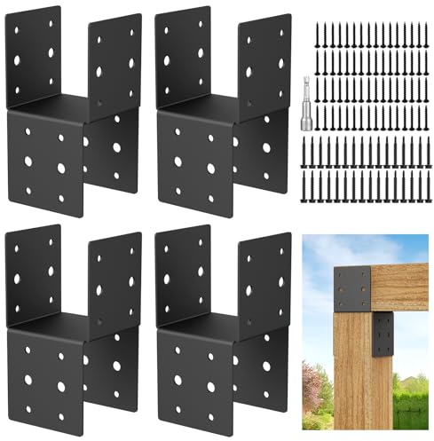 4 x Pfostenkappen-Verbindungshalterung, 4 x 4 Pfostenhalterung, Holzpfosten, 14 Gauge, Stahlpfostenanker, Stahl-Montagehalterung mit Schrauben zur Befestigung von Pfosten an Holzdecks (4 x Kappen)