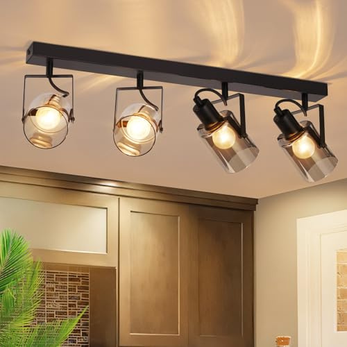 CBJKTX Deckenstrahler Schwarz Deckenspots 4 Flammig 350° Schwenkbar | Deckenlampe Vintage Industrial E14 Glas Deckenleuchte Strahler Rauchgrau Wandleuchte Küche Flur Wohnzimmer Ohne Lichtquelle