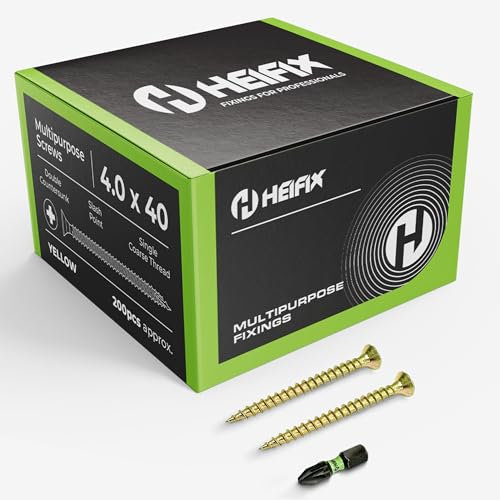 Heifix Multi-Purpose Wood Screws Pozi Double Countersunk - FREE Screw Bit Included (QTY 200, 4mm x 40mm)