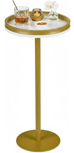 ZEXVIDA Martini Table, Small Round Drink Table with Weighted Base,Modern White & Gold Pedestal End Table with Tray Top Edge for Small Spaces, Living Room, Next to Sofa,24.7 Tall