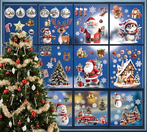 Fensterbilder Weihnachten Selbstklebend,120 Winter Fensteraufkleber | Wiederverwendbar PVC Aufkleber Schneemann Santa Claus Fenstersticker, Fensterfolie Weihnachten Deko für Fensterdeko Schränke
