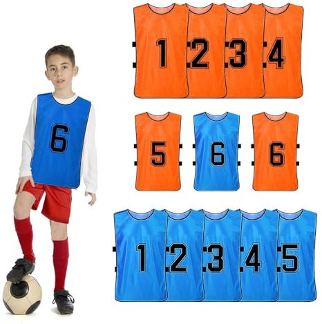TESIN 12 Stück Kinder Fußball Leibchen, Sport-Trainings-Mesh-Leibchen, Wendbare Nummerierte Trainingswesten für Fußball, Basketball, Volleyball - Blau & Orange