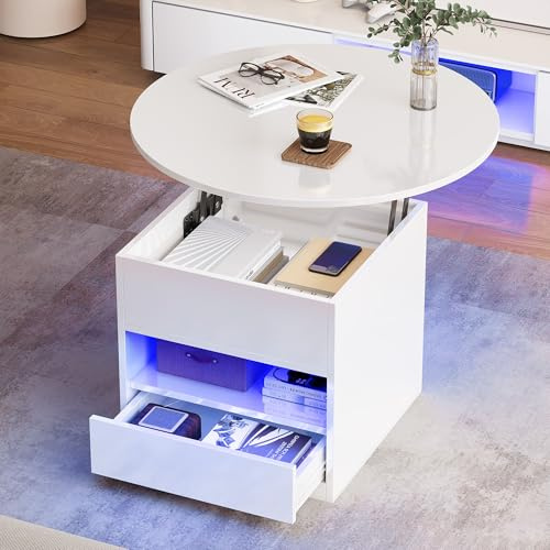 YITAHOME Couchtisch Höhenverstellbar, Couchtisch Rund mit Hebeplatte, Wohnzimmertisch Hochglanz mit verstecktem Ablagefach und LED Beleuchtung Modern, Beistelltisch Rund mit 1 Schubladen