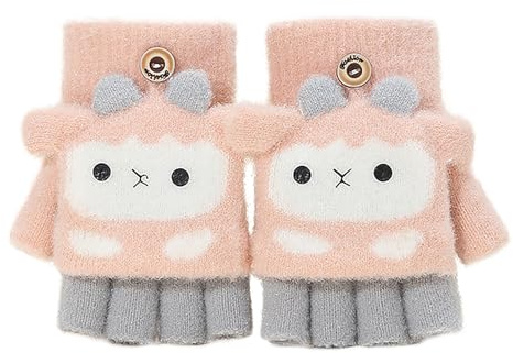 RUIXIA Mitaine Enfant avec Capuchon Gants Hiver Chaud pour Fille Garçon Gants Demi-Doigt Mignon Gants à Rabat en Peluche Gants Sans Doigt pour Enfants de 7 à 9 ans