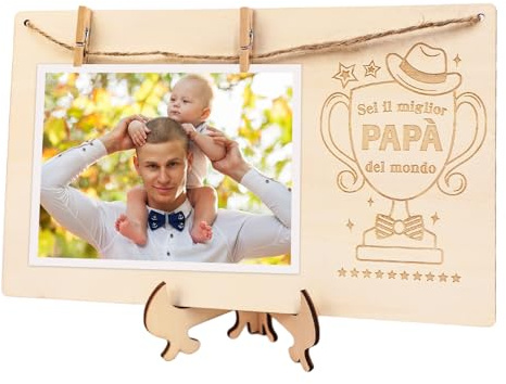 DPKOW Idee Regalo Festa del papà Cornice Portafoto con Mollette Legno, Cornice Super papà Regalo Miglior papà del Mondo Porta Foto Regalo Compleanno Natale papà Originali