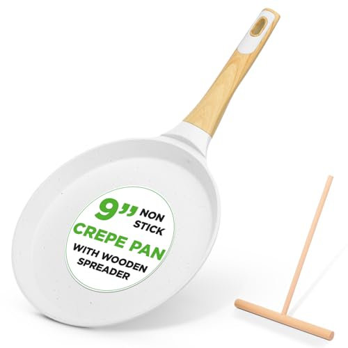 Nutrichef Non-Stick Crepe Pan with Wooden Spreader, 24cm Marble Coated Pancake Pans for Stove Top, Induction Compatible, Bakelite Handle, PFOA/PFOS Free, Dishwasher Safe, White Cream