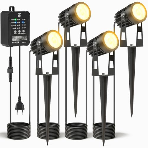 HIBOITEC 4 pezzi Luci da Giardino Alimentate a Rete con Trasformatore, 37.5FT Fotocellula Sensore Riflettore Dimmerabile 2700K Impermeabile Luci da Giardino all'Aperto，Timer Luci da Esterno per Casa