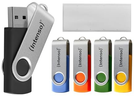 Intenso Basic Line - Lote de 5 Unidades de Memoria USB 2.0 de 16 GB con prácticas Etiquetas para etiquetar, Amarillo, Verde, Negro, Azul y Naranja, con Gancho metálico Plateado