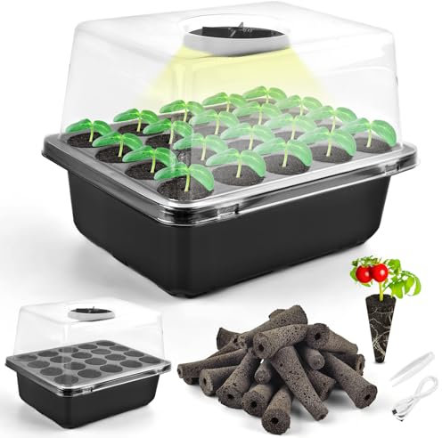PACETAP Seed Starter Tray with Grow Light, Seedling Starter Trays Kits Includes 20 Plant Sponges, Domes and Clear Cell Tray, 20 Cells Plant Trays for Plants Indoor & Greenhouse & Gardens