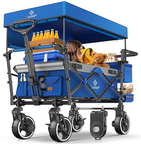 KESSER® Bollerwagen Faltbar GTS-9100 mit Dach Handwagen Transportwagen klappbar belastbar bis 150kg mit Hartgummi-Räder & Feststellbremsen Vorne/Hinten Inkl. Schloss, Abdeckung, Wetter & Sichtschutz