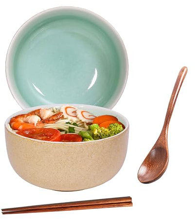 Juego de tazones de cerámica japonesa, tazón grande de 1100 ml, cuenco de sopa con cuchara y palillos, adecuado como juego de sopa y cuenco de arroz (blanco)