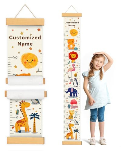 CHARMIBLE Personalisiert Messlatte Kinder für Baby- & Kleinkinderzimmer mit Namen, Abnehmbares Canvas-Messlineal für Baby-Messlatte für Schlafzimmer, Wanddekoration(Tier B)