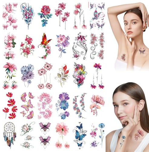 30 Piezas Acuarela Tatuajes Temporales, Color Gran Colección de Flores Tatuaje Temporal, Para Mujeres, NiñAs, Adultos