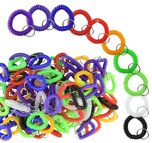 LE-stone 100Pcs Wrist Coil Keychain 10 Colors Plastic Elastic Stretchable Spiral Bracelet Wrist Band Key Ring Chain for Outdoor Sports Identity Tag Hair Band Gym Exercise Workshop