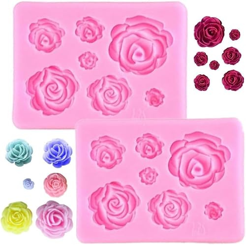 2-Pack Silicone 3D Rose Moulds (7 Cavity) Food-Grade Reusable Non-Stick Molds for Chocolate, Fondant, Resin, Candles, Soap & Polymer Clay | Cake Decorating, Wedding, DIY Crafts