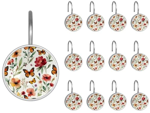 Lot de 12 crochets ronds décoratifs pour rideau de douche, motif floral vintage, rustique, anneaux de rideau de salle de bain antirouille pour tringles de douche et doublure