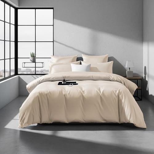 DXHOME Biancheria da letto in cotone makò, 135 x 200 cm, satinato, beige, kaki, crema, cotone Lyocell, tinta unita, 300 TC, Öko-Tex 100, 2 pezzi, per letto singolo con chiusura lampo e federa da 80 x