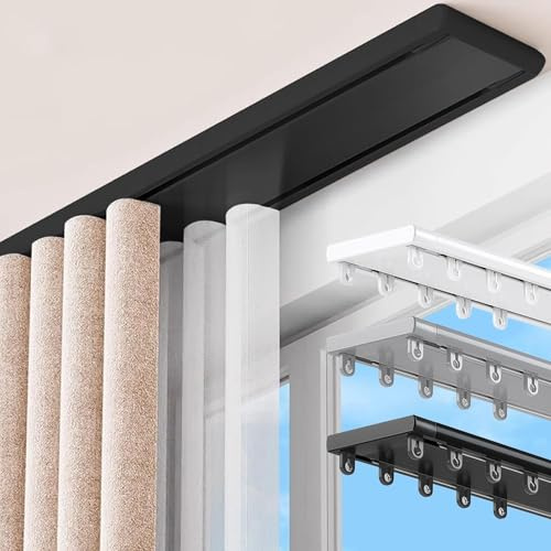 Sistema De Riel De Cortina Doble Aluminio Rieles De Cortina De Techo con Rodillos Silenciosos Cualquier Espacio Apto para Cortinas Transparentes Y Opacas(Negro,1.0m)