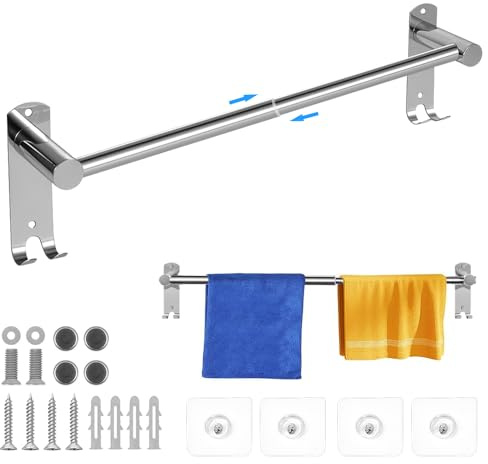 THATSRAD Portasciugamani da parete estensibile 43 – 78 cm, in acciaio inox, telescopico, per bagno con ganci, viti, colla a parete, per doccia e cucina