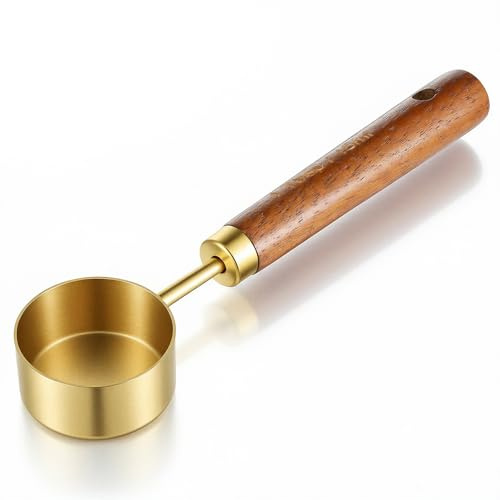 Cuchara medidora de café, cuchara de cucharadita de acero inoxidable, mango de nogal, cucharada de capacidad de 15 ml, chapada en oro para café, té y más