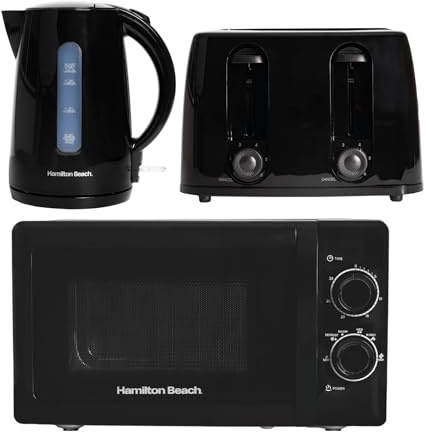 Hamilton Beach Kettle Toaster Microwave Set, Essentials, Electric Kettle, 1.7L, Toaster 2 Slice, Microwave Oven, 20L, Stainless Steel Cavity, Kitchen Set, Black - HBESSB4SSC