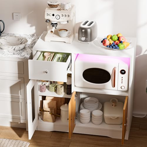 Küchenschrank mit Mikrowellenregal, Küchenschrank mit Arbeitsplatte mit Steckdose 2AC 2USB , Sideboard Küche mit 1 Schubladen, Aufbewahrungsschrank mit Licht für Esszimmer 83x40x80cm (Naturholzfarbe)