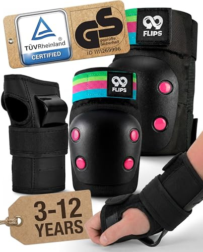 99FLIPS Protezione Pattini Bambina Ginocchiere Bambino - Set Protezioni Skateboard Bambini Ginocchiere e Gomitiere - SLIDE - Taglia SM - NERO ARCOBALENO - Protezione Roller Bambina