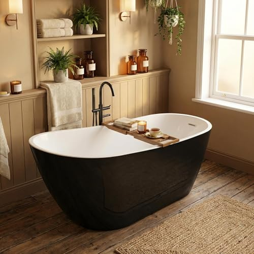 67 Inch Freestanding Soaking Tub, Oval Acrylic Stand Alone Bathtub with Chrome Overflow Drain, Modern Black & White Finish for Spa-Like Bathroom Experience