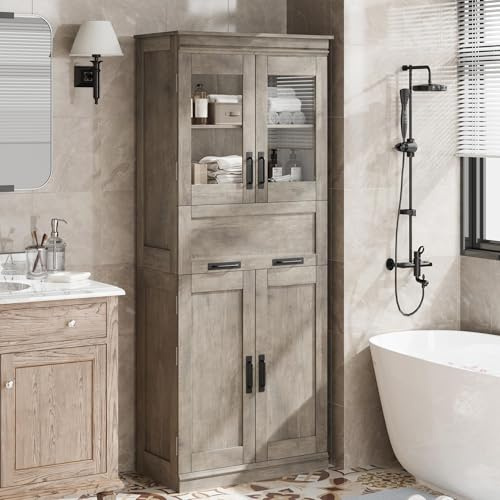 GarveeMore Badezimmerschrank 170cm Hohe – Freistehender Aufbewahrungsschrank, Klapp-Glas-Schublade Und Verstellbaren Regalen, Für Bad, Küche, Waschküche & Wohnzimmer, 60x31x170cm, Grau