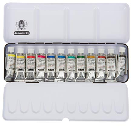 Schmincke – HORADAM AQUARELL Farbkasten, Grundsortiment, 12 x 5 ml Tuben, 74112097, Metallkasten, Malset, feinste Premium Aquarellfarben