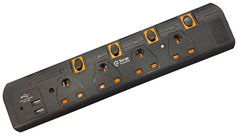 Innoteck DS-2175 4Way 2M 13A 250V Extension Lead with Dual USB Charging Ports 3.0A total (1A+2A), Neon Indicator and Surge Protector - Black