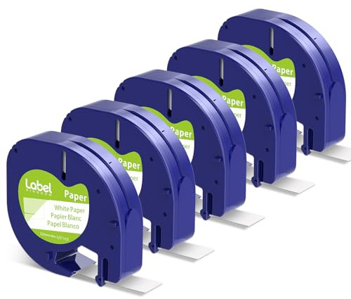 Compatible with Dymo Letratag Refills White Paper Label Maker Tape Replacement for Dymo Label Maker Refills 12mm x 4m (1/2 x 13') for LT-100H 100T Plus 200B, 5-Pack Label KINGDOM 91330 Refills
