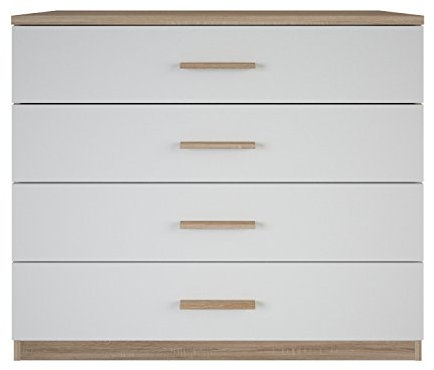 Demeyere Selena Commode de Chambre Adulte scandinave 4 tiroirs, Blanc Perle/Chêne brossé, Bois, 100 x 41,6 x 84,7 cm