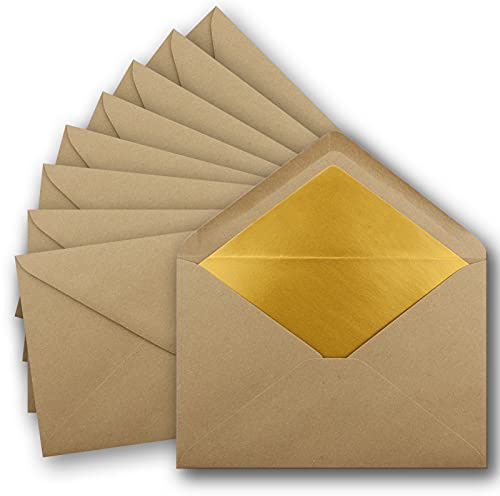 50x DIN C5 Kuverts 15,7 x 22,5 cm aus Kraft-Papier in sandbraun mit goldenem Seidenfutter - Nassklebung - Blanko Brief-Umschläge aus Recycling-Papier - Serie UmWelt