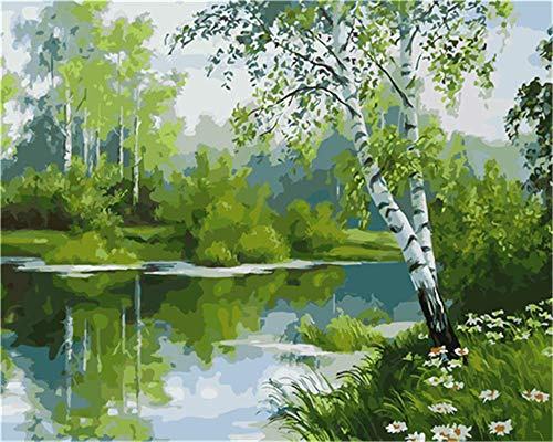 YEESAM ART DIY Ölgemälde Malen nach Zahlen Erwachsene Kinder, Fluss Grün Wald Bäume Landschaft Zahlenmalerei ab 5 Öl Wandkunst (Grün, ohne Rahmen)