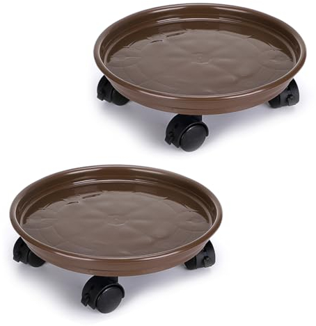 Skelang 2 Pcs Plant Caddy 30cm, Plant Pot Trolley with Brake Wheels, Plastic Planter Roller for Heavy Garden Pot, Plant Pot Stand, Loading Capacity 56kg Each (Brown)