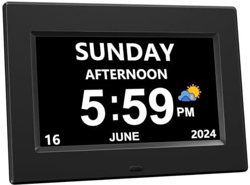 CAZOKASI Auto Dimmable Calendar Day Clock Digital Photo Frame HD Display 12 Alarms Extra Large Impaired Vision Digital Clock with Non-Abbreviated Day & Month Alarm Clock(Black / 7inch)