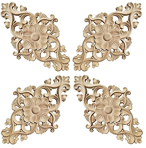 Hezhou 4 Stück Holz Geschnitzte Ecke Onlay Applique Geschnitzte Möbel Appliques Schnitzerei Ornament Applique Frame Ornament Wandornamente Holz Applique Ornament Onlay Applique Frame 15*10.5*0.8 cm