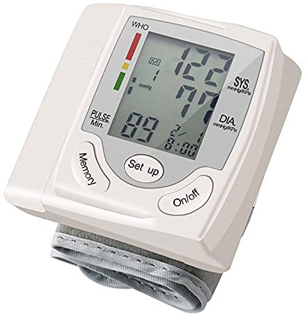 LeftSuper Monitor de presión arterial de muñeca para uso doméstico, lector de máquina de presión arterial médica, muñequera ajustable con esfigmomanómetro, pantalla LCD, monitor de frecuencia de pulso